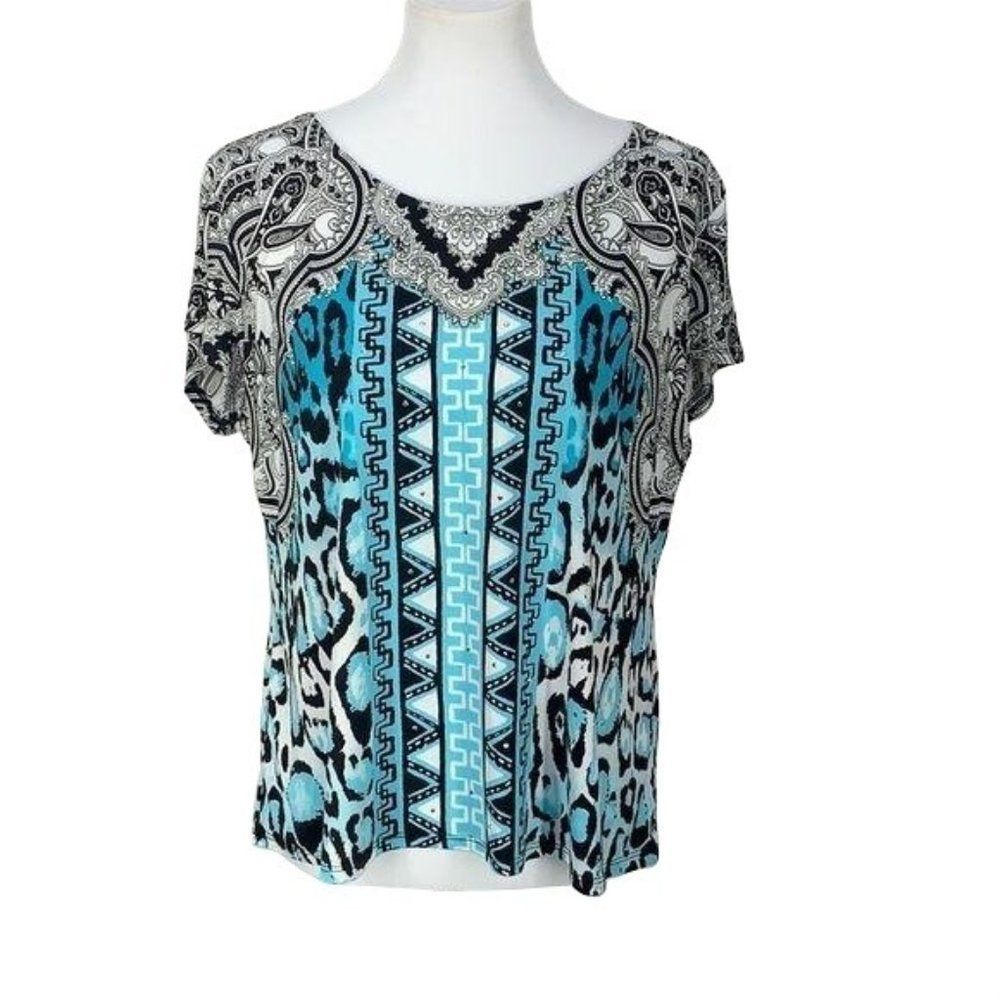 Nygard Teal Black Petite‎ Large Paisley Keyhole Back cap sleeve Blouse